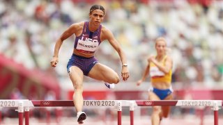 Sydney McLaughlin of Team United States competes in round one of the Women's 400m hurdles heats