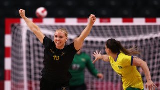 Mathilda Lundstrom of Sweden celebrates after scoring a goal against Brazil at the Tokyo 2020 Olympic Games
