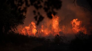 A fire rages near Le Luc, southern France, Tuesday, Aug. 17, 2021. Thousands of people fled homes, campgrounds and hotels near the French Riviera on Tuesday as firefighters battled a blaze that raced through nearby forests, sending smoke pouring down wooded slopes toward vineyards in the picturesque area.