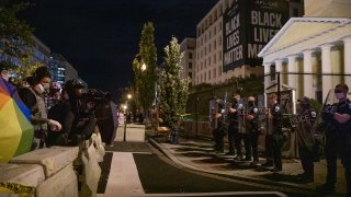 Protestors confront police in Black Lives Matter Plaza on Aug. 30, 2020.