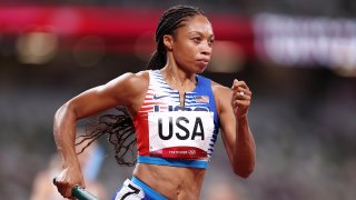 llyson Felix of Team United States competes in the Women' s 4 x 400m Relay Final on day fifteen of the Tokyo 2020 Olympic Games