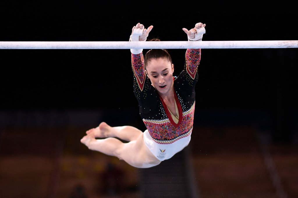 Belgium's Nina Derwael competes in the artistic gymnastics women's uneven bars final of the Tokyo 2020 Olympic Games at the Ariake Gymnastics Centre in Tokyo on Aug. 1, 2021. Derwael took home gold for the category.