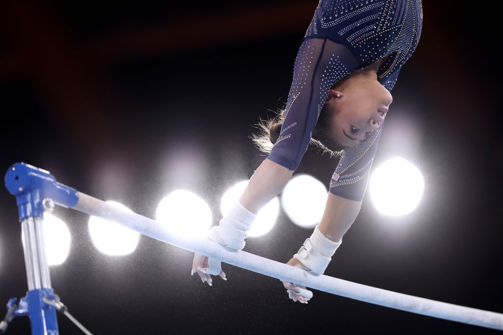 Sunisa Lee of Team USA competes in the Women's Uneven Bars Final on day nine of the Tokyo 2020 Olympic Games at Ariake Gymnastics Centre on Aug. 1, 2021, in Tokyo, Japan.