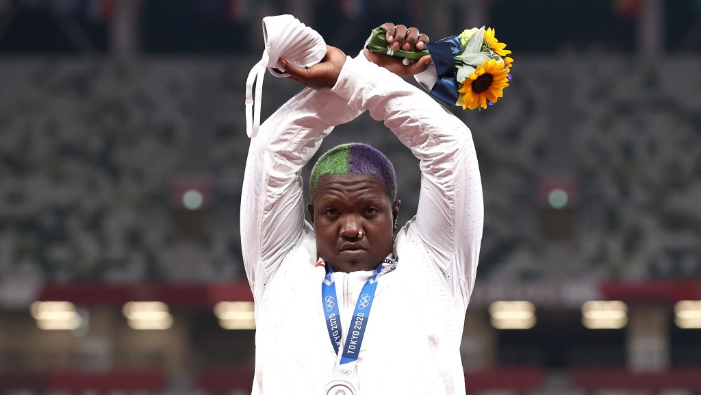 Raven Saunders of Team United States protests during the medal ceremony for the Women's Shot Put on day nine of the Tokyo 2020 Olympic Games at Olympic Stadium on Aug. 1, 2021 in Tokyo, Japan.