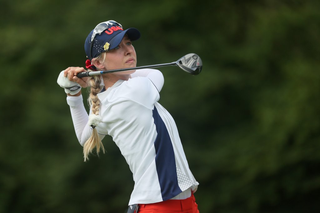 Nelly Korda of Team United States plays her shot from the second tee during the first round of the Women's Individual Stroke Play on day 12 of the Tokyo 2020 Olympic Games at Kasumigaseki Country Club on Aug. 4, 2021, in Kawagoe, Japan.