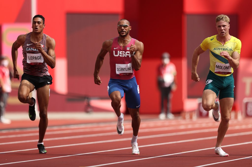 Pierce Lepage of Team Canada, Garrett Scantling of Team United States and Ashley Moloney of Team Australia compete in the Men's Decathlon 100m heats on day 12 of the Tokyo 2020 Olympic Games at Olympic Stadium on Aug. 4, 2021, in Tokyo, Japan.