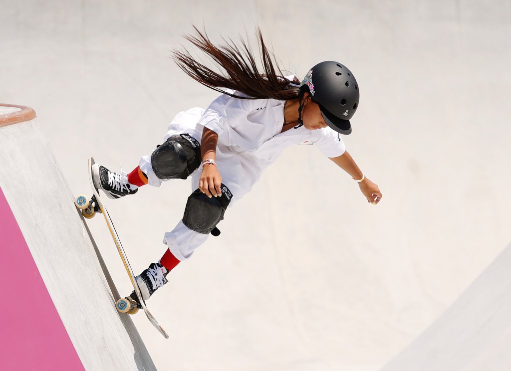 Kokona Hiraki of Team Japan competes during the first run of the Women's Skateboarding Park Finals on day 12 of the Tokyo 2020 Olympic Games at Ariake Urban Sports Park on Aug. 4, 2021, in Tokyo, Japan.