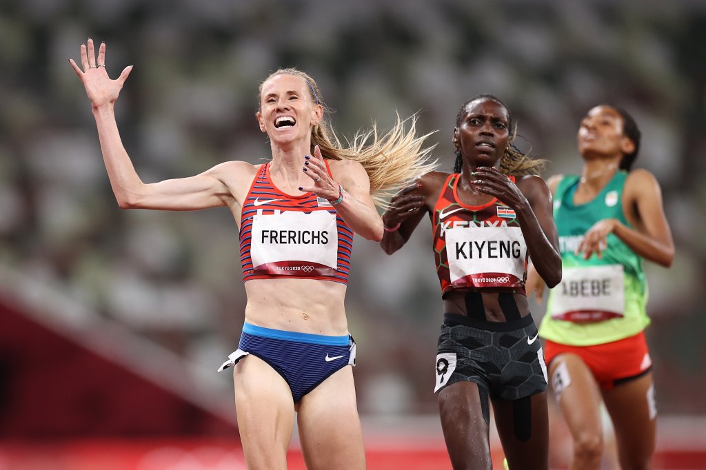 Courtney Frerichs of Team USA celebrates after winning the silver medal in the Women's 3000m Steeplechase Final on day twelve of the Tokyo Olympic Games at Olympic Stadium, Aug. 4, 2021 in Tokyo, Japan.
