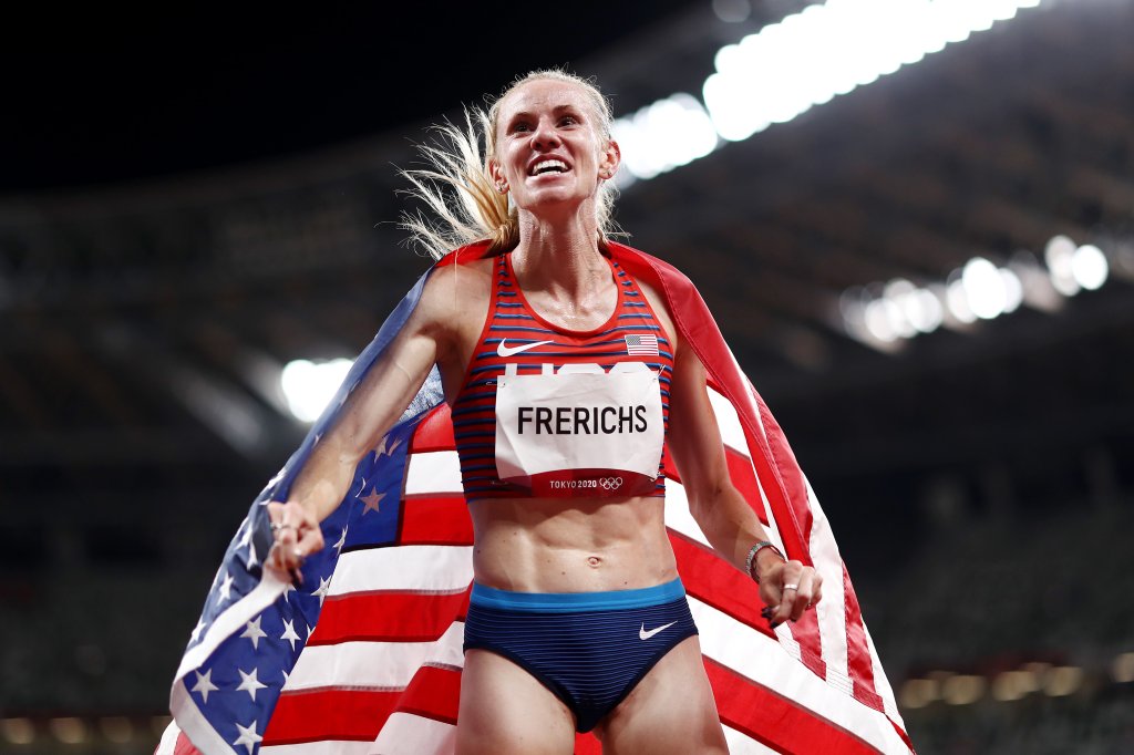 Courtney Frerichs of Team USA celebrates after winning the silver medal in the Women's 3000m Steeplechase Final on day twelve of the Tokyo Olympic Games at Olympic Stadium on Aug. 4, 2021 in Tokyo, Japan.
