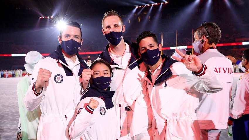 Members of Team USA celebrates during the Closing Ceremony of the Tokyo 2020 Olympic Games at Olympic Stadium on Aug. 8, 2021 in Tokyo, Japan.