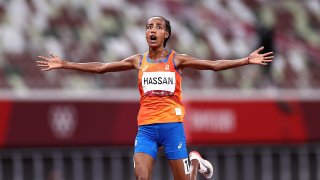 Sifan Hassan of Team Netherlands celebrates as she wins the gold medal in the Women's 10,000m Final on day fifteen of the Tokyo 2020 Olympic Games