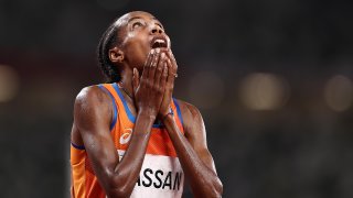 Sifan Hassan of Team Netherlands reacts as she wins the gold medal in the Women's 5000 metres Final on day ten of the Tokyo 2020 Olympic Games