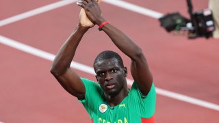 Grenada's Kirani James reacts after winning the men's 400m semi-finals during the Tokyo 2020 Olympic Games