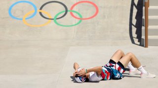 Team USA's Jake Ilardi reacts after falling as competes during skateboarding prelims in Tokyo.