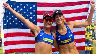 ITAPEMA, BRAZIL - MAY 19: April Ross (L) and Alexandra Klineman of the United States celebrate after winning the Women's Final match against Sarah Pavan and Melissa Humana-Paredes of Canada during the FIVB World Tour 2019 on May 19, 2019 in Itapema, Brazil.