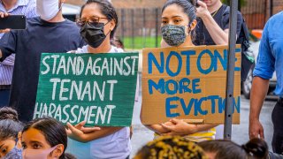 A crowd of supporters including elected officials, legal professionals and concerned neighbors gathered to attempt to stop an illegal eviction of a resident in Bushwick, Brooklyn during the State mandated moratorium due to the pandemic, August 8, 2020.
