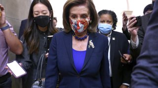 Speaker of the House Nancy Pelosi (D-CA) is surrounded by members of the media as she arrives at the U.S. Capitol on October 01, 2021 in Washington, DC.