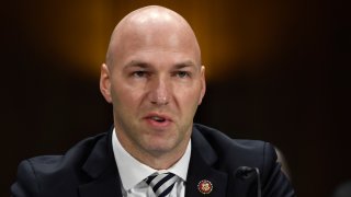 FILE - In this Tuesday, Feb. 11, 2020, file photo, Rep. Anthony Gonzalez, R-Ohio, speaks during a Senate Commerce subcommittee hearing on Capitol Hill in Washington, on intercollegiate athlete compensation. Federal legislation setting guidelines for college athletes to pursue money-making opportunities could be proposed within a month, and Gonzalez, who is planning to introduce it, said Thursday, June 4, 2020, there will be no blanket antitrust exemption for the NCAA.