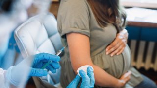 Doctor/nurse giving vaccine injection to pregnant woman
