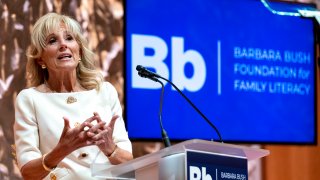 First lady Jill Biden speaks at the Barbara Bush Foundation for Family Literacy's National Summit on Adult Literacy at the Kennedy Center in Washington, Wednesday, Oct. 20, 2021.