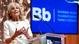First lady Jill Biden speaks at the Barbara Bush Foundation for Family Literacy's National Summit on Adult Literacy at the Kennedy Center in Washington, Wednesday, Oct. 20, 2021.
