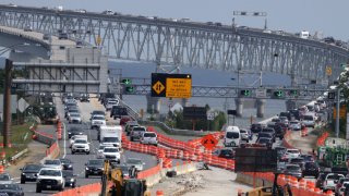 Heavy outgoing traffic moves toward the Chesapeake Bay Bridge on the eve of Memorial Day 2021 in Annapolis, Maryland.