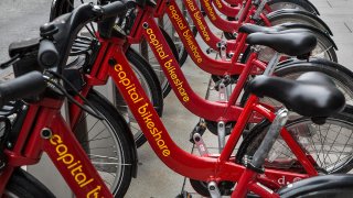 A row of docked Capital Bikeshare bikes