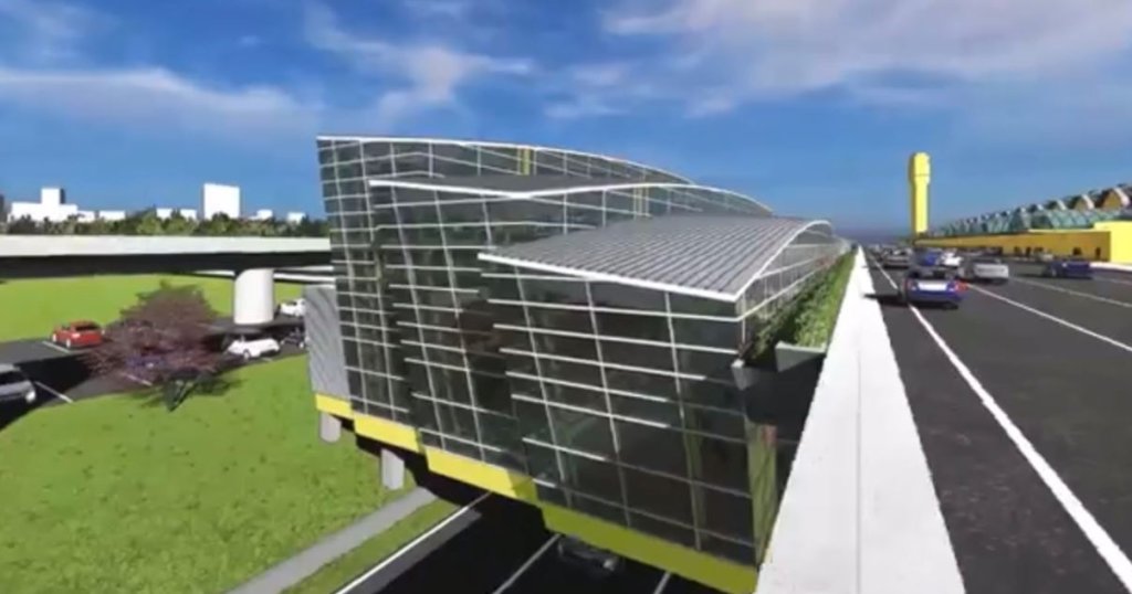 A rendering shows the exterior of a new structure at National Airport that will house expanded security checkpoints.