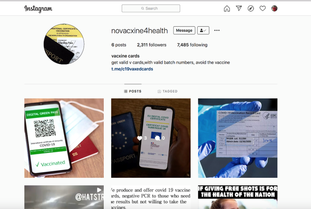 An Instagram post offering a fake vaccination card and promising state registration