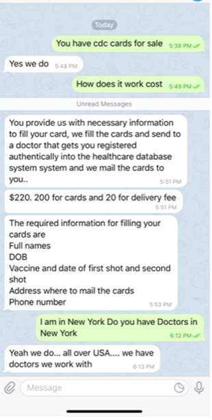 A text message offers a fake vaccination card and promises state registration