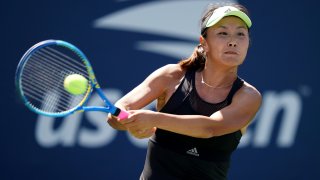 Peng Shuai, of China, returns a shot to Maria Sakkari, of Greece, during the second round of the US Open tennis championships Thursday, Aug. 29, 2019, in New York.