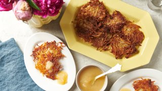 Plates of potato pancakes, or latkes