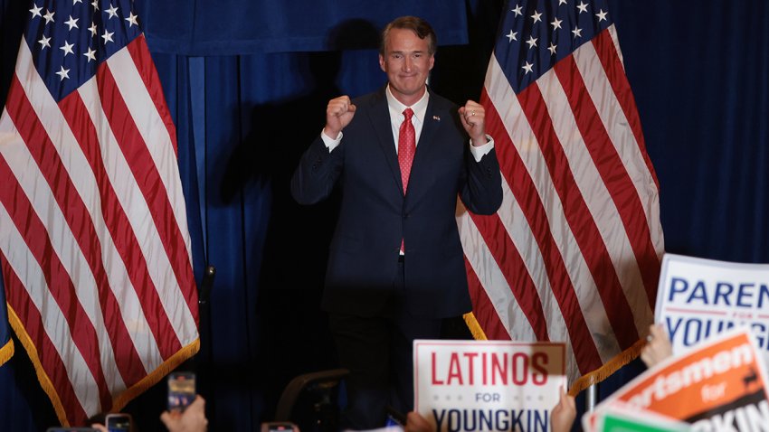 Projected Gov.-elect Glenn Youngkin takes the stage at an election-night rally in Chantilly, Virginia.