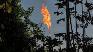 The lighter of an oil processing plant in the rainforest of Ecuador's Yasuni region.