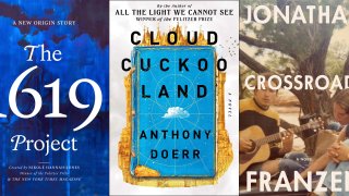This combination of cover images shows some of 2021's most popular releases, from left, "The 1619 Project: A New Origin Story" by Nikole Hannah-Jones, "Cloud Cuckoo Land" by Anthony Doerr, "Crossroads," a novel by Jonathan Franzen