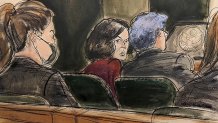 In this courtroom sketch, Ghislaine Maxwell center, confers with her defense attorney Jeffrey Pagliuca, right, before testimony begins in her sex-abuse trial, in New York, Wednesday, Dec. 8, 2021. Testimony continues in the trial of Ghislaine Maxwell, the British socialite accused of helping the millionaire Jeffrey Epstein sexually abuse underage girls.