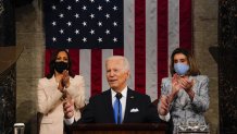 President Joe Biden, center, speaks during a joint session of Congress at the U.S. Capitol in Washington, D.C., April 28, 2021.
