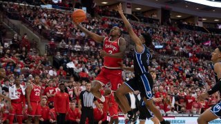 Ohio State Buckeyes guard Cedric Russell #2 attempts a lay up during the game between the Ohio State Buckeyes and the Duke Blue Devils at Value City Arena in Columbus, Ohio on November 30, 2021.