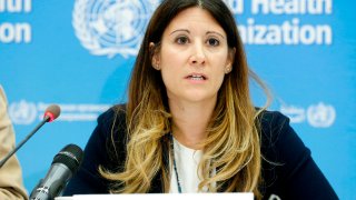 Maria Van Kerkhove, head of the World Health Organization’s emerging diseases and zoonosis unit, speaks during a press conference following an emergency committee meeting over the new coronavirus in Geneva on Jan. 22, 2020.