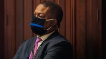 Capitol police officer Eugene Goodman watches newly released video footage of the January 6 attack on the Capitol Building during the second day of the impeachment trial of former President Donald Trump, Feb. 10, 2021, Washington, D.C.