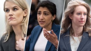 Frances Haugen (left), Lina Khan, Elizabeth Holmes