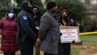 Rep. Jamaal Bowman is detained by U.S. Capitol Police while supporting voting rights protesters at the U.S. Capitol.