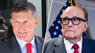 Former National Security Advisor Lt. Gen Michael Flynn, left, and former New York City Mayor Rudy Giuliani, right. The University of Rhode Island has revoked honorary degrees for both Trump associates in an unanimous board vote.
