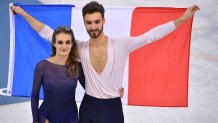 Silver medal winners Gabriella Papadakis and Guillaume Cizeron (FRA) celebrate after the figure skating free dance event during the Pyeongchang 2018 Olympic Winter Games at Gangneung Ice Arena. (Andrew Nelles-USA TODAY Sports)