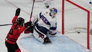 Canada's Sarah Nurse celebrates a goal