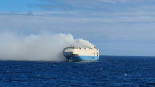 A burning car transport ship is drifting near the mid-Atlantic Azores Islands