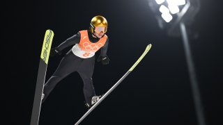Katharina Althaus of Germany competes during Ski Jumping Mixed Team 1st Round at the National Ski Jumping Centre in Zhangjiakou, north China's Hebei Province, Feb. 7, 2022.