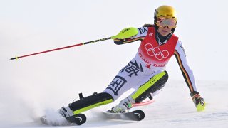Germany's Lena Duerr competes in the first run of the Women's Slalom during the 2022 Winter Olympics at the Yanqing National Alpine Skiing Centre in Yanqing, China on Feb. 9, 2022.