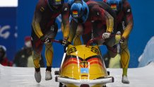 Johannes Lochner, Florian Bauer, Christopher Weber and Christian Rasp of Team Germany slide during the four-man Bobsleigh heats on day 15 of 2022 Winter Olympics at National Sliding Centre on Feb. 19, 2022, in Yanqing, China.