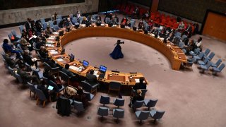 The United Nations Security Council meets at the United Nations headquarters, Feb. 28, 2022 in New York City. The United Nations opened a rare emergency special session of the General Assembly on Monday to discuss Russia's invasion of Ukraine by observing a minute of silence for those killed in the conflict.